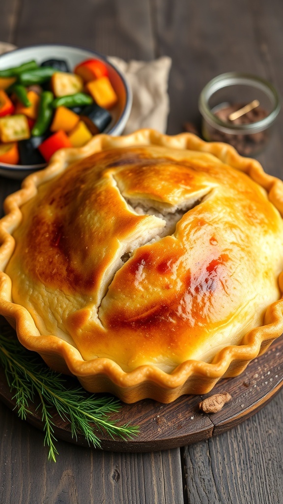 Savory Crust Wombat Pie Recipe A freshly baked wombat pie with a flaky crust, served with roasted vegetables on a wooden table.
